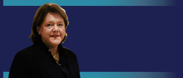 Photo of a person over a blue background and teal lines