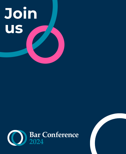 A graphic of circles with Bar Council colours with text 'Join us' and 'Bar Conference 2024'