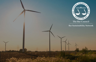 Image of wind farm with the Bar Council Bar Sustainability Network logo overlayed in the corner