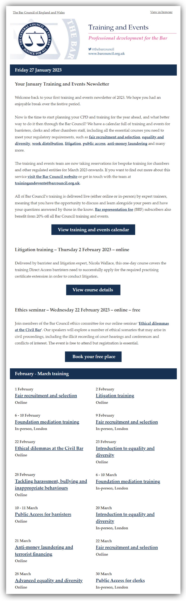 Graphic of the Training and Events newsletter with a shadow