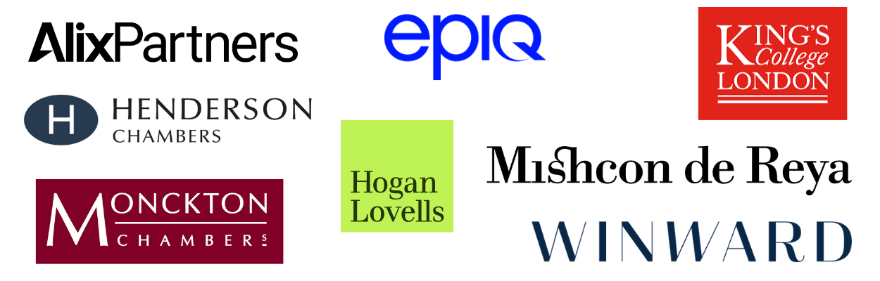 A graphic of logos from: AlixPartners, Epiq, King's College, Henderson Chambers, Hogan Lovells, Monckton Chambers, Winward