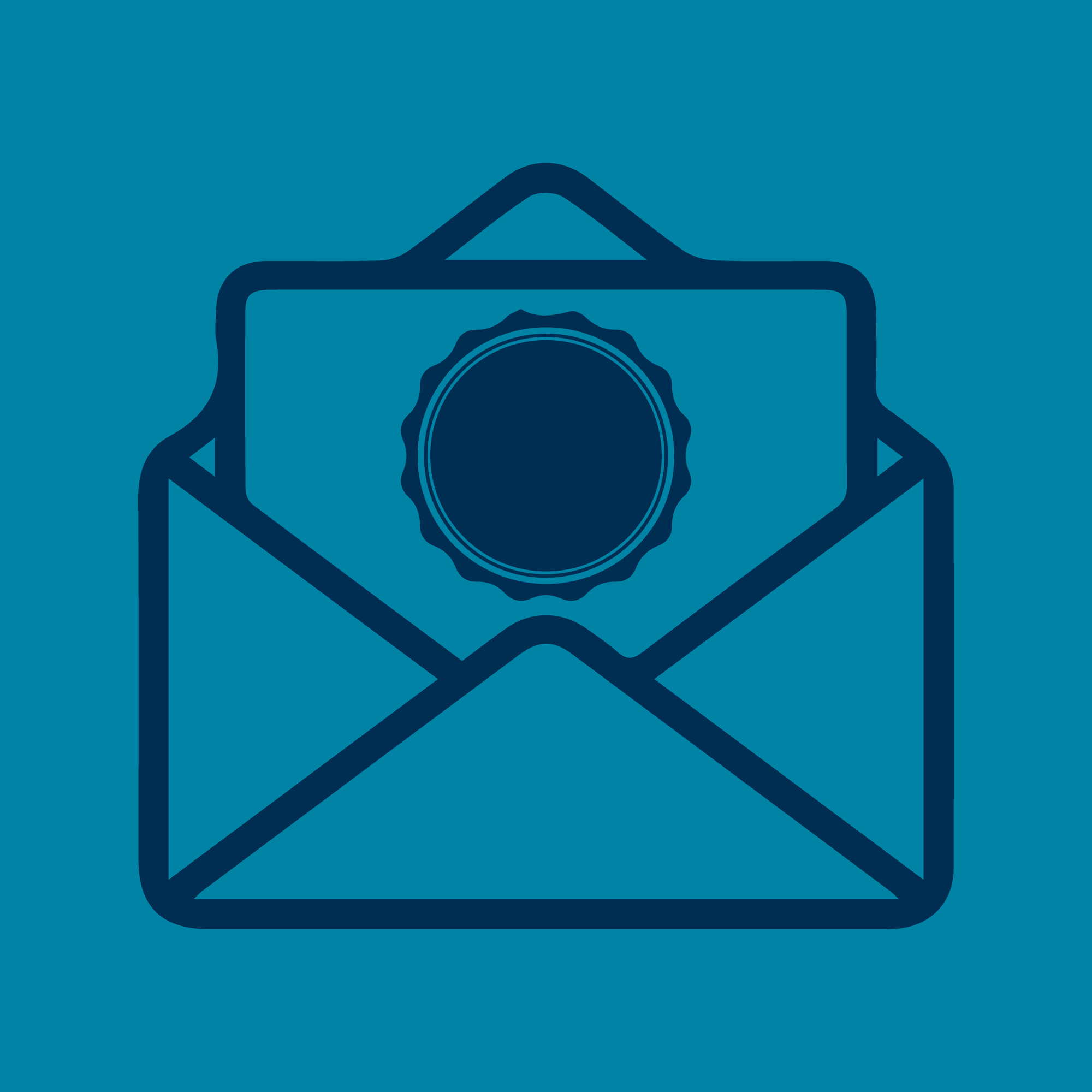 A graphic of a letter with a pin badge attached, emerging from an envelope