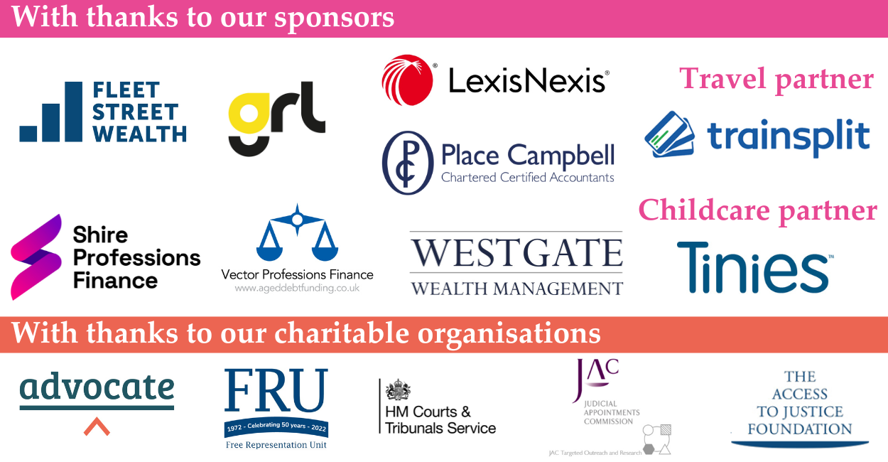 Logos for Fleet Street wealth, GRL, Shire, Trainsplit, Tinies, Place Campbell, Vector, Westgate wealth. Access to Justice Foundation, Advocate and FRU