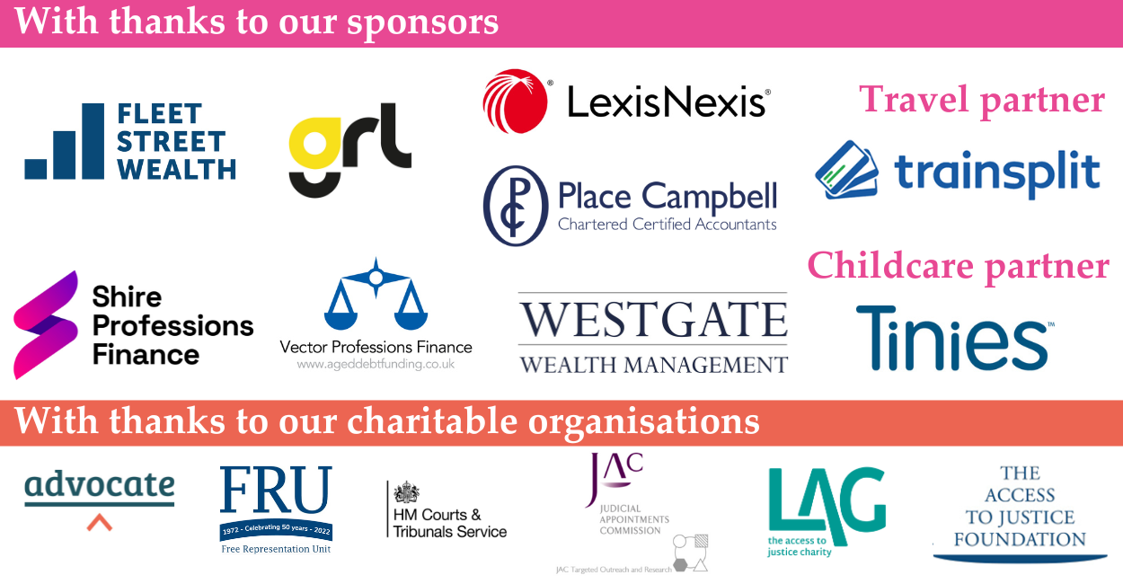 Logos for Fleet Street wealth, GRL, Shire, Trainsplit, Tinies, Place Campbell, Vector, Westgate wealth. Access to Justice Foundation, Advocate and FRU