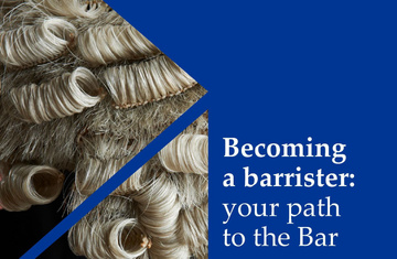 Cover of a brochure - a photo of a barrister's wig in triangle shapes, with the title: Becoming a barrister: your path to the Bar in text