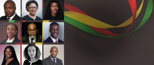 A graphic of 9 Black barristers photos in a grid, with a background of Black History Month colours as ribbons flowing across