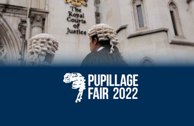 Two barristers looking up to The Royal Courts of Justice logo on the building itself, a graphic of the 'Pupillage Fair 2022' on the bottom 