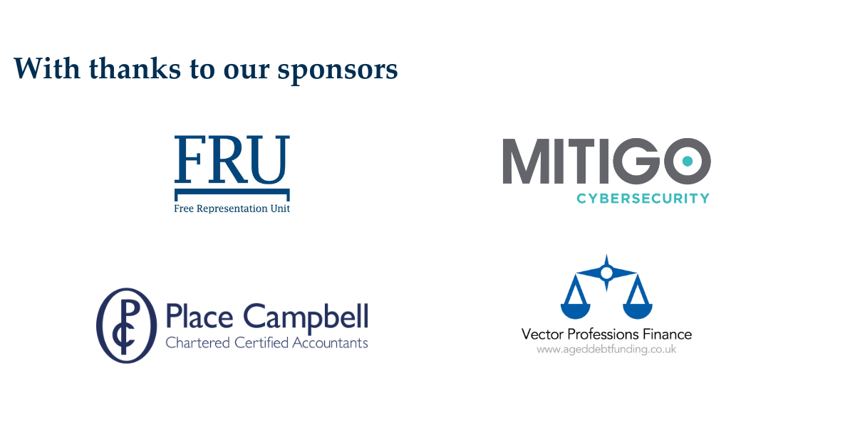 Collage of Bar Conference sponsors: FRU, Mitigo, Place Campbell and Vector 