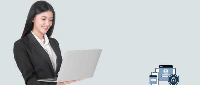A photo of a woman with a laptop and an icon of a laptop, mobile phone and a lock representing cyber security.