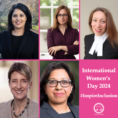 Photographs of five women barristers next to the words #InspireInclusion and International Women's Day 2024
