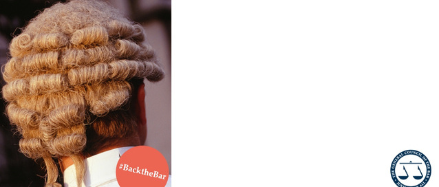 Photo of the back of a barrister's head, with a graphic of #BacktheBar text in a red circle and the Bar Council logo.