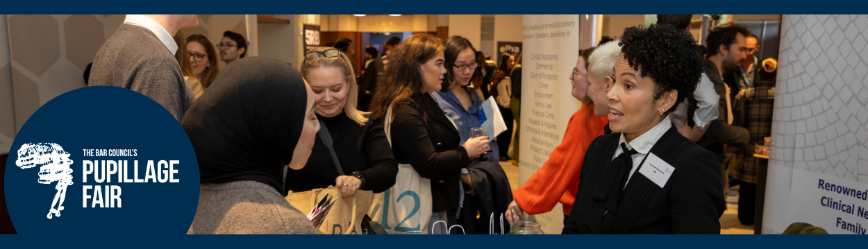 A photo of groups of people in discussion in an exhibition space with the Pupillage Fair logo and the text Monday 13 to 18 October 2025 over the top
