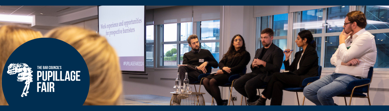 A photo of five people on stage in a panel discussion and the pupillage fair logo is sitting on top
