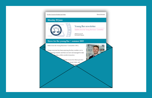A graphic of the Young Barristers' Committee newsletter emerging from an envelope