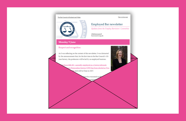 Graphic of the Employed Barristers' Committee newsletter update emerging from an envelope