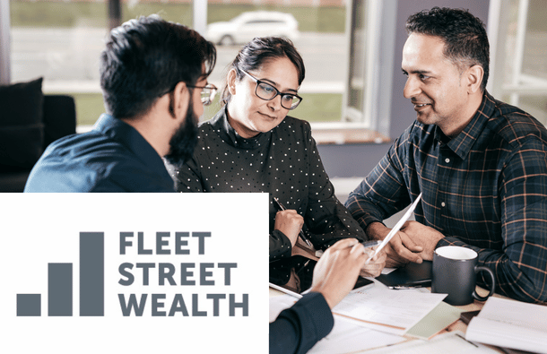 A photo of coin stacks with plant shoots coming out of them with the Fleet Street Wealth logo over the top of the right corner
