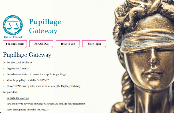 A screenshot of the home page of the Pupillage Gateway information site