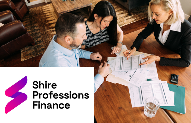 A photo of three people sitting at a table looking at financial paperwork with the Shire Professions Finance logo over the bottom left corner 