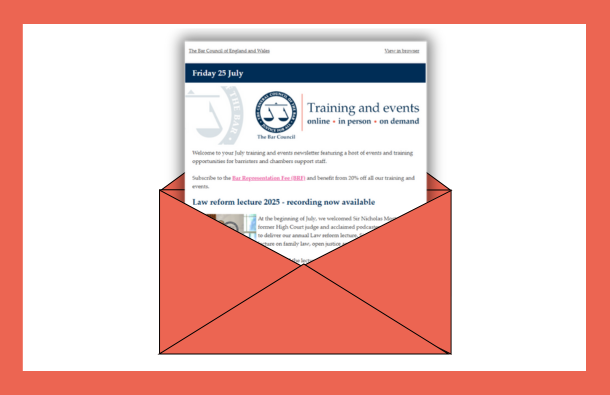 A graphic of a Training & Events newsletter emerging from an envelope
