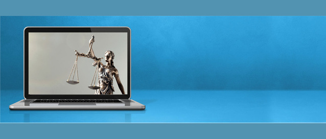 A graphic of a laptop on a blue background, the laptop has an image of lady justice on the screen.