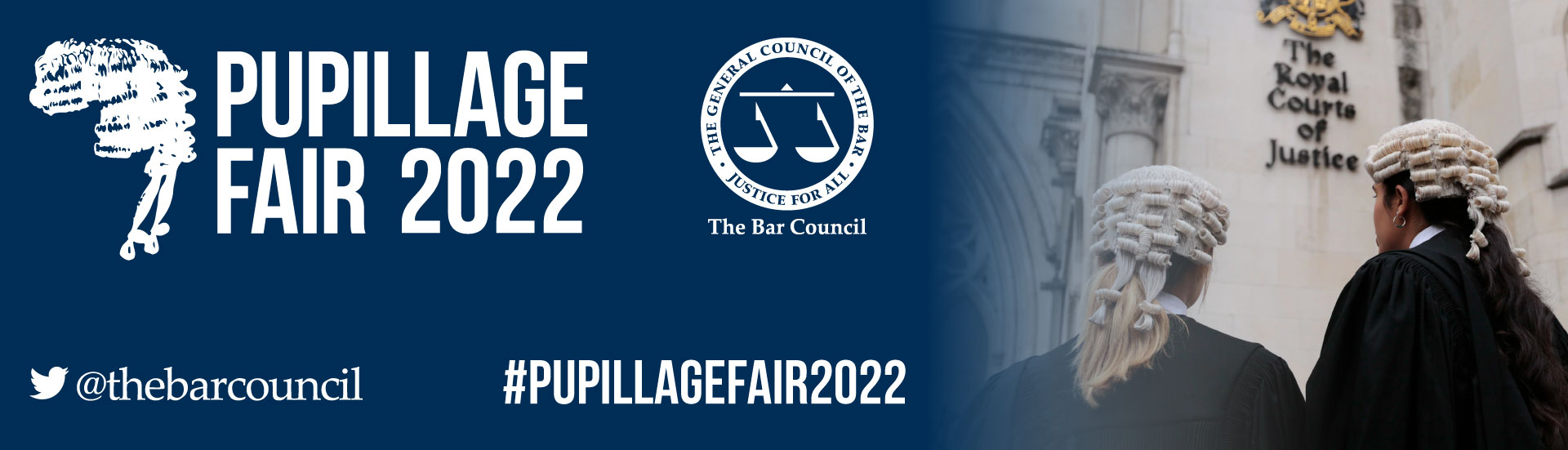 Banner with text over blue fading lighter to a man in barrister's wig and gown: Pupillage Fair 2022, Twitter @barcouncil #PupillageFair2022