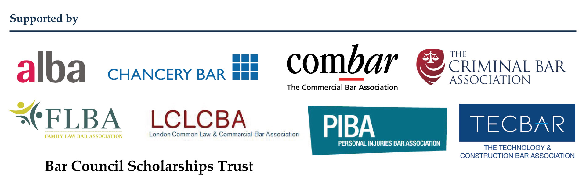 Logos of the sponsors of the programme: ALBA, ChBA, COMBAR, CBA, FLBA, LCLCBA, PIBA, TECBAR and Bar Council Scholarships Trust
