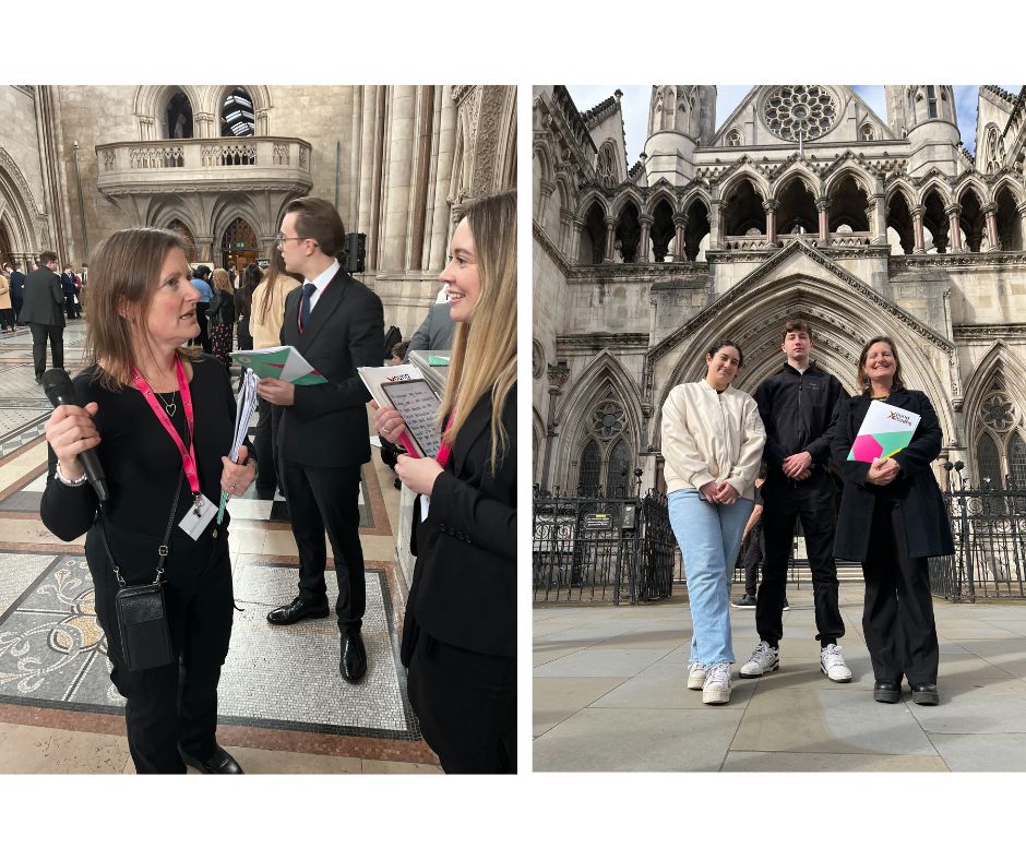 In the lefthand side image, Lizzy Cross is pictured speaking to staff inside the Royal Courts of Justice, holding a microphone. In the picture on the right, Lizzy poses with others outside the courts.
