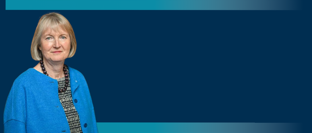 A photo of Baroness Harriet Harman KC on a navy background with two teal lines