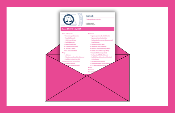 Graphic of an edition of BarTalk emerging from an envelope.