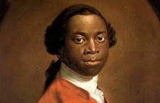 Head and shoulders portrait painting of a Black man wearing a Georgian wig, white high-necked shirt, and red coat