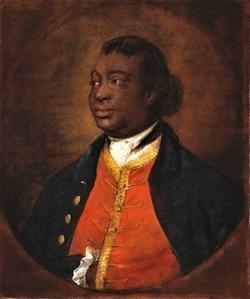 A head and shoulders portrait painting of a Black man looking towards the left. His hair is tied back. He is wearing military style clothing of a red waistcoat and black coat with gold buttons.