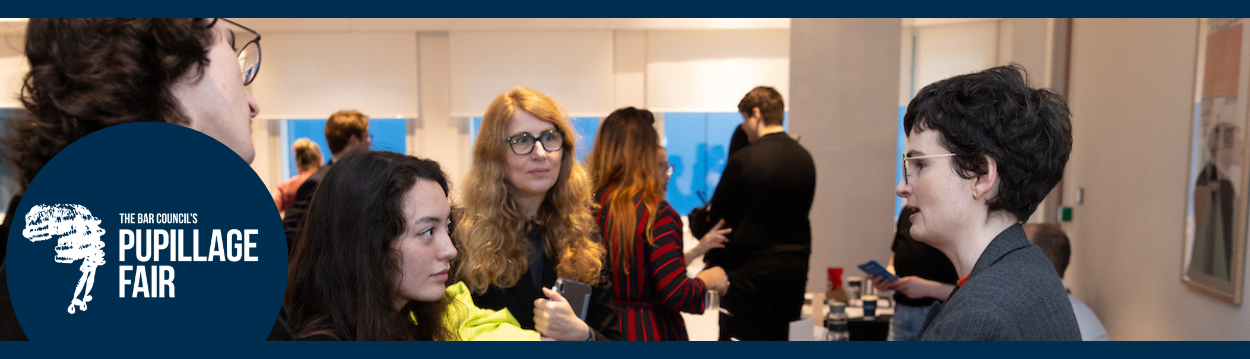 A photo of a group of people in discussion with the pupillage fair logo on top