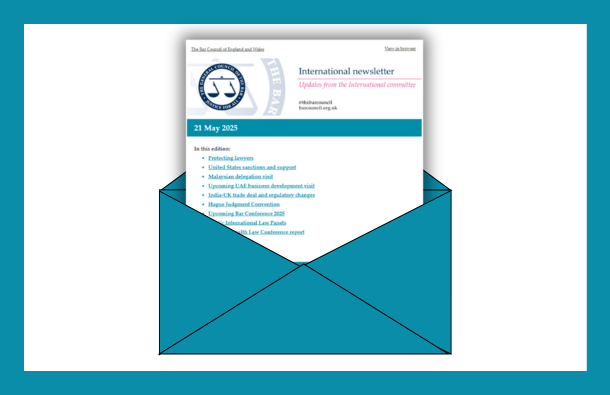 A graphic of the International newsletter emerging from an envelope