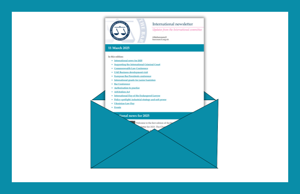 A graphic of the International newsletter emerging from an envelope