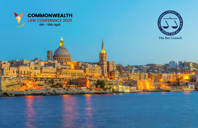 A photo of Malta Valetta at dusk with the CLA conference logo and the Bar Council logo overlayed