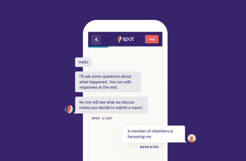 Graphic of the Talk to Spot app - a barrister is reporting a harassment incident.