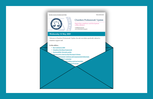 A graphic of a Chambers professionals' update emerging from an envelope