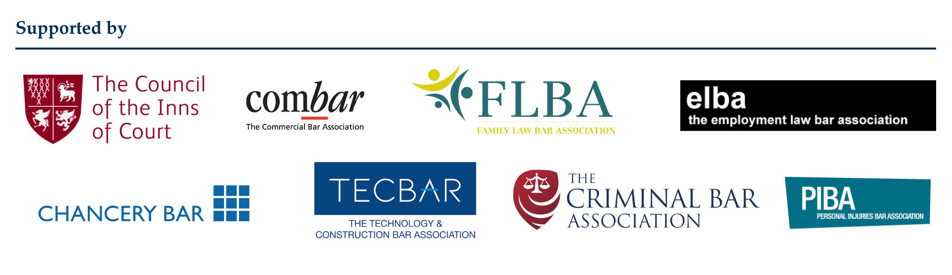 Sponsors logos for Pupillage Fair 2022: COIC, COMBAR, FLBA, ELBA, Chancery Bar, TECBAR, CBA and PIBA